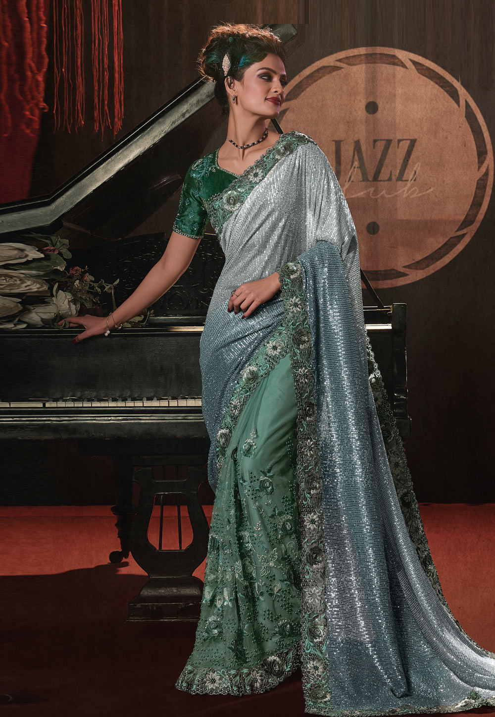Sea Green Net Half N Half Saree 275101