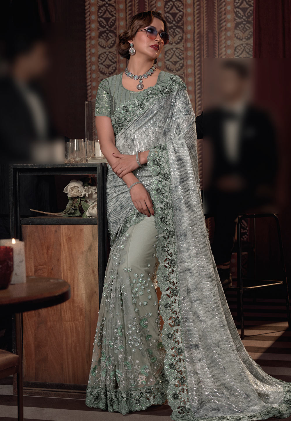 Sea Green Net Sequence Saree 275103
