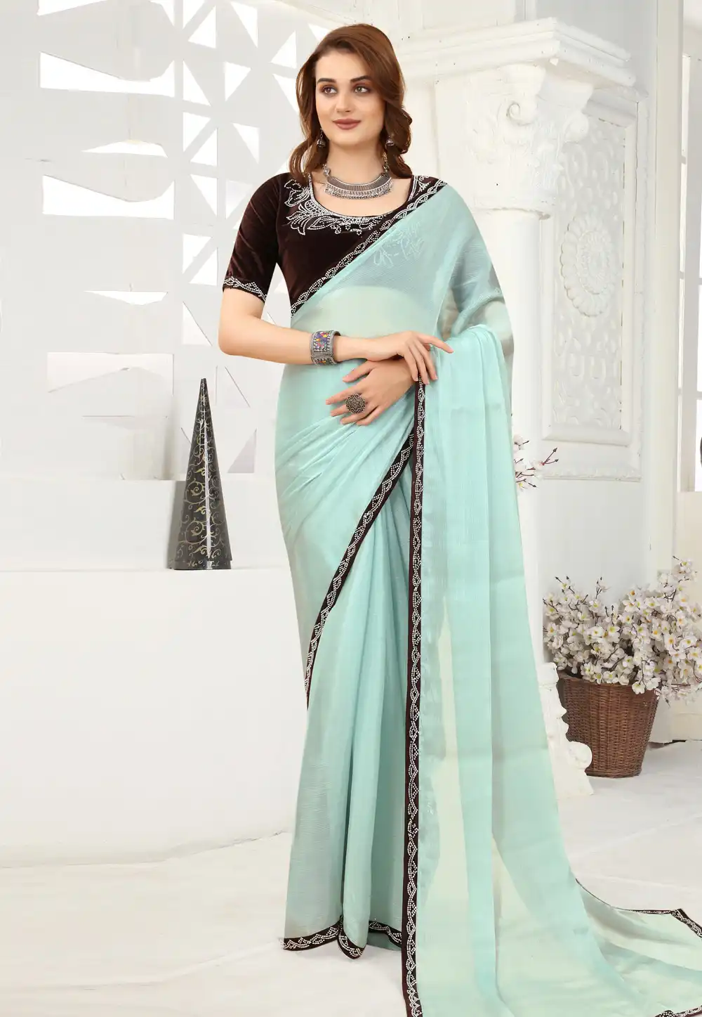 Sky Blue Organza Saree With Blouse 258031