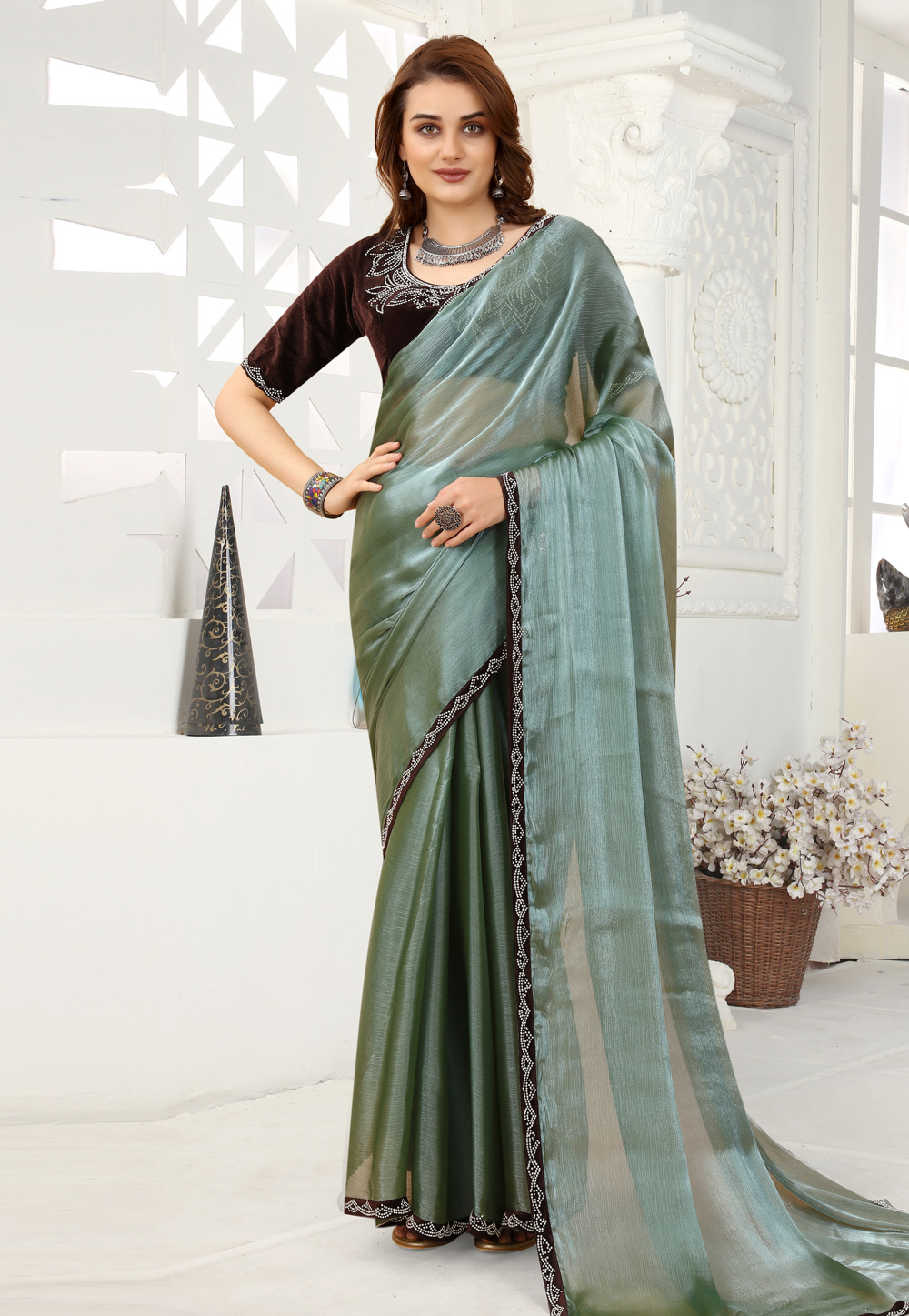 Sea Green Organza Saree With Blouse 258033