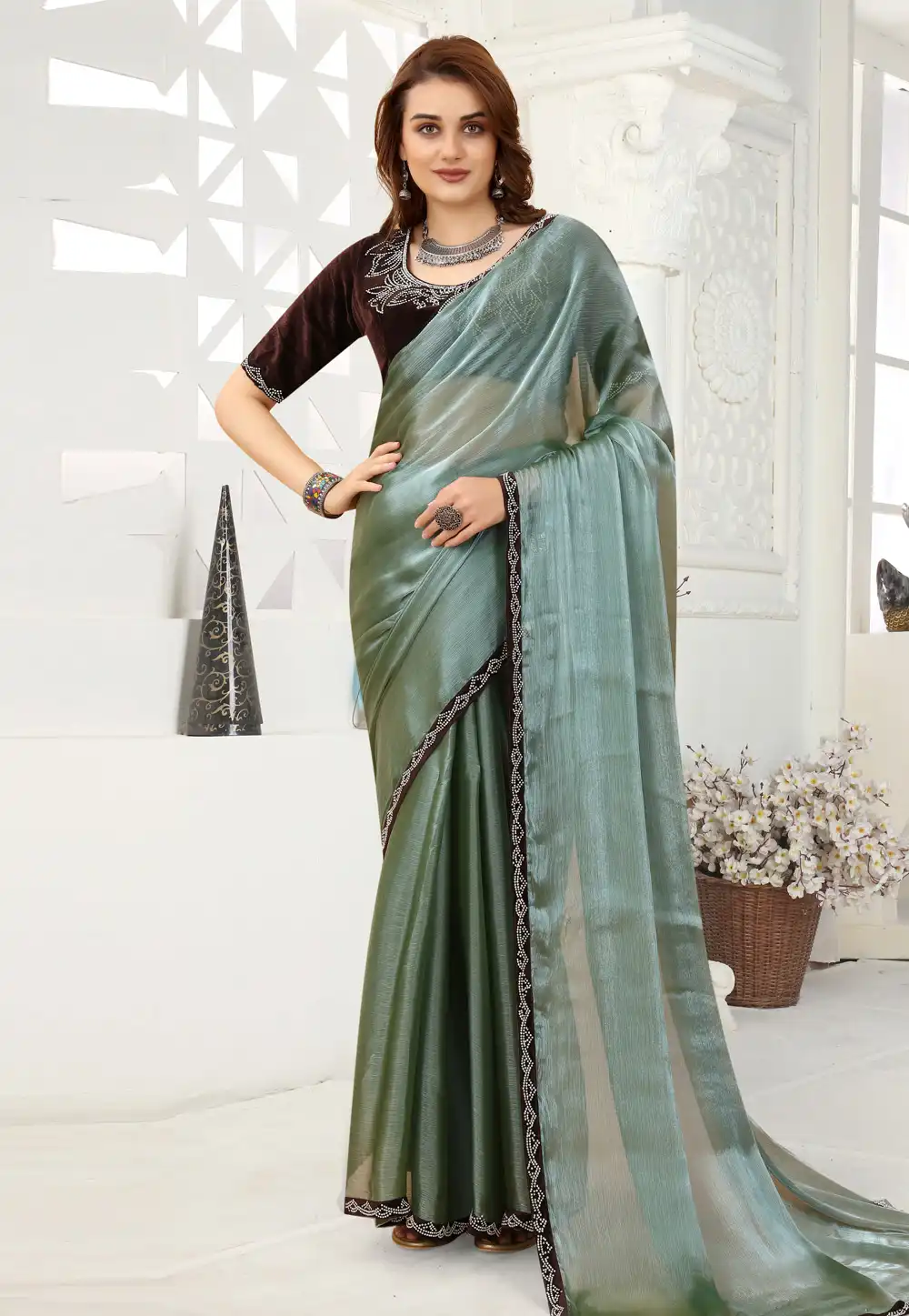 Sea Green Organza Saree With Blouse 258033
