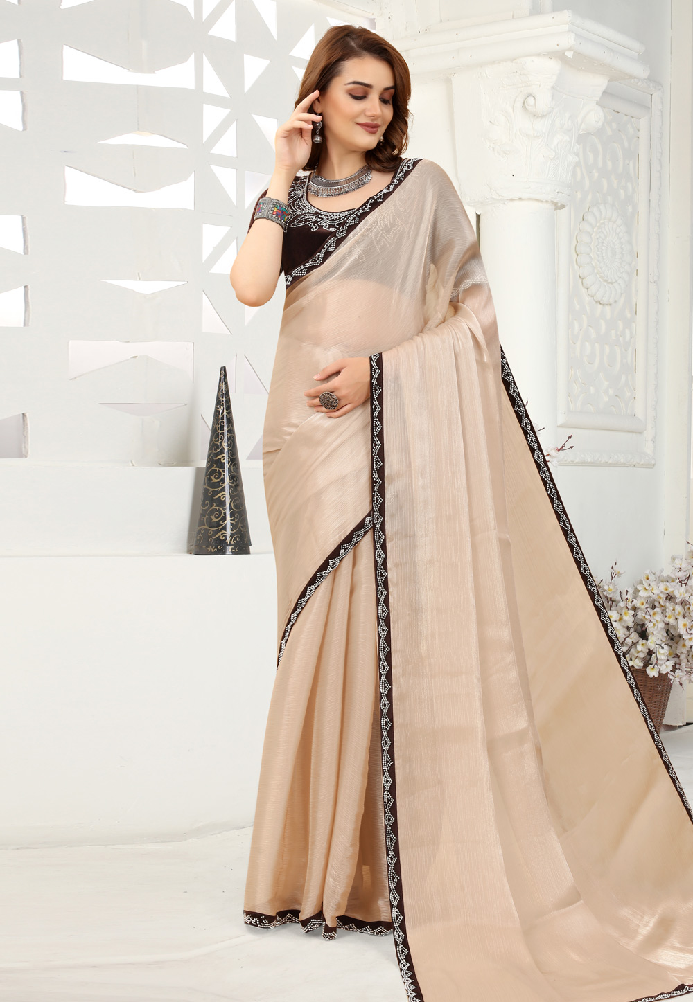 Beige Organza Saree With Blouse 258034