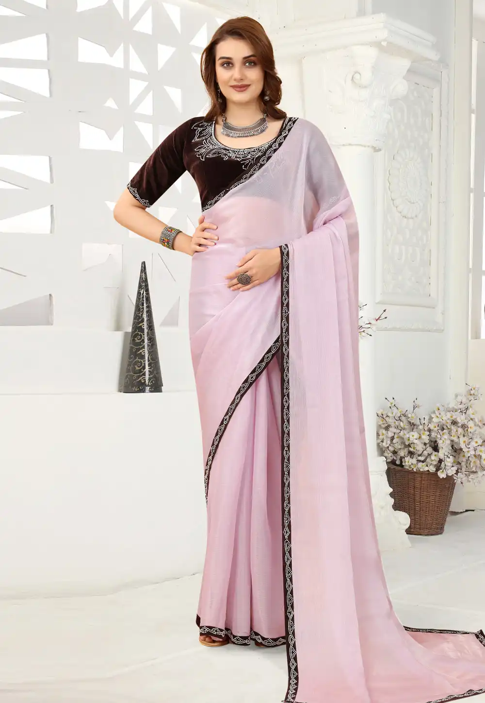Light Pink Organza Saree With Blouse 258035