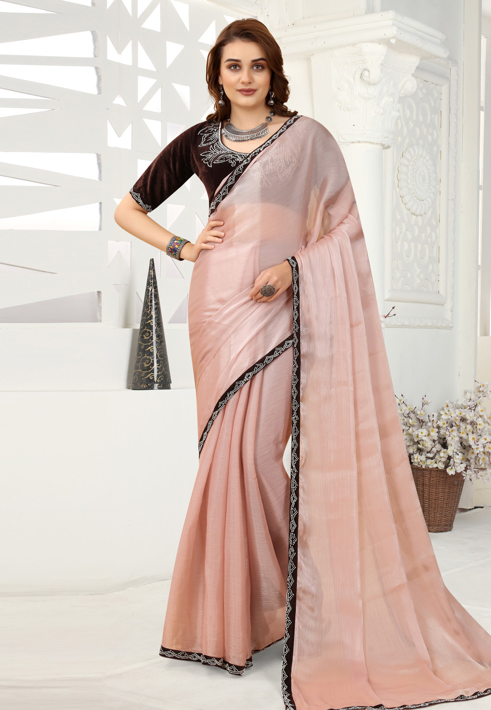 Peach Organza Saree With Blouse 258037