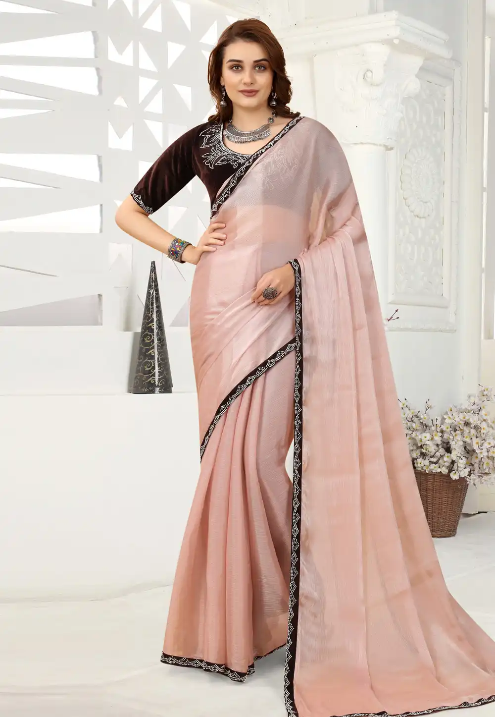 Peach Organza Saree With Blouse 258037