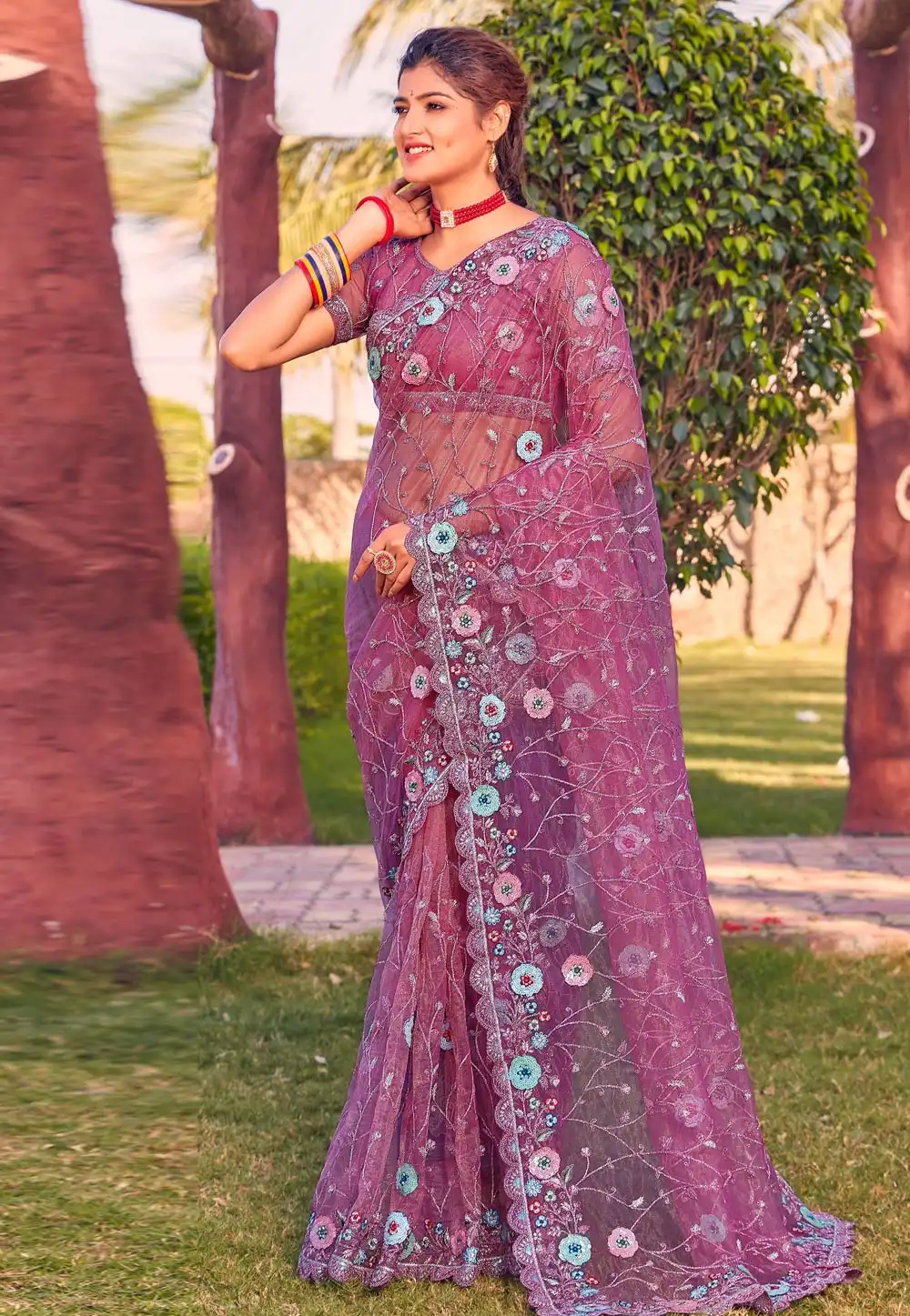 Pink Net Saree With Blouse 258696
