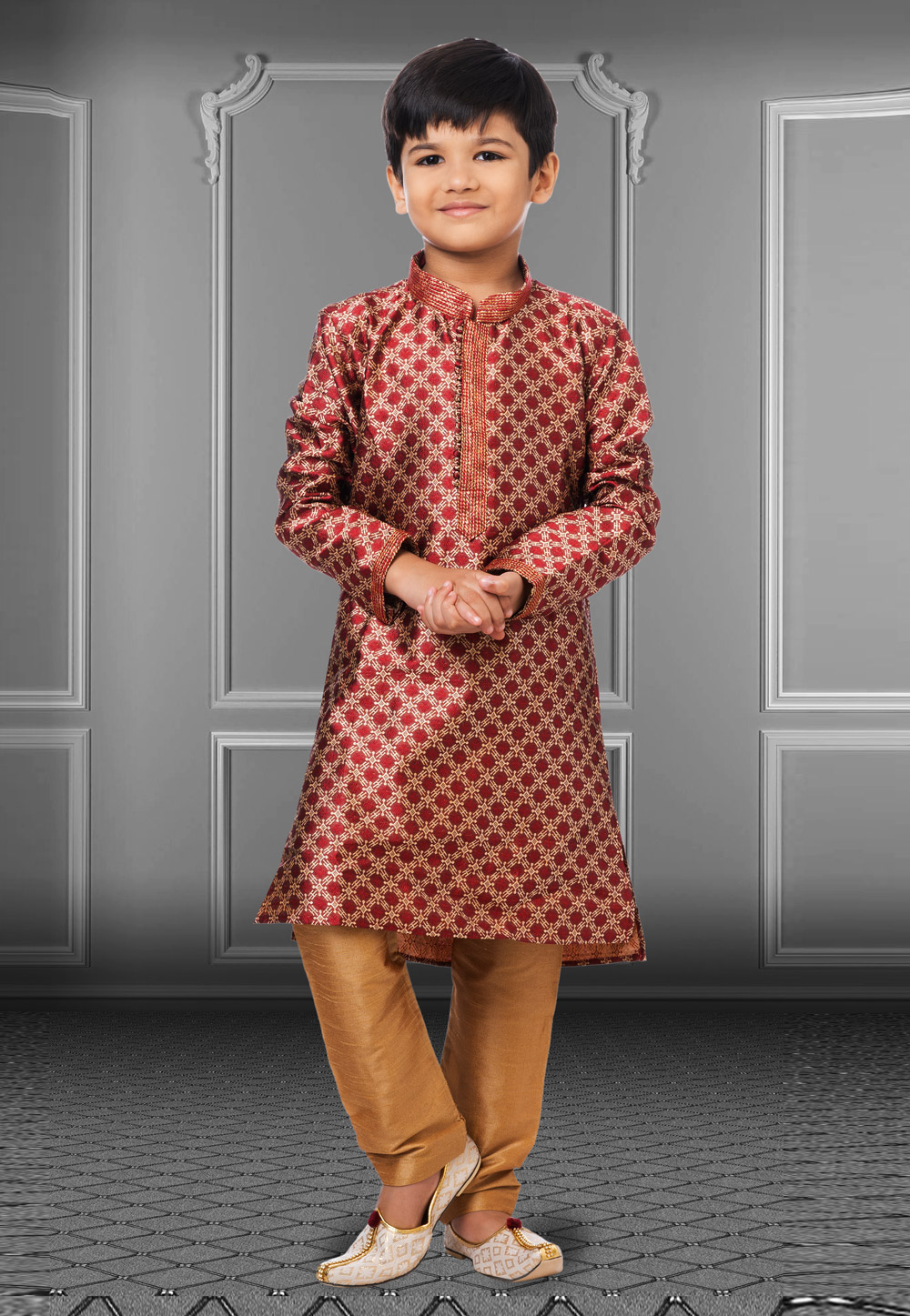 Maroon Jacquard Silk Readymade Kids Kurta Pajama 250824