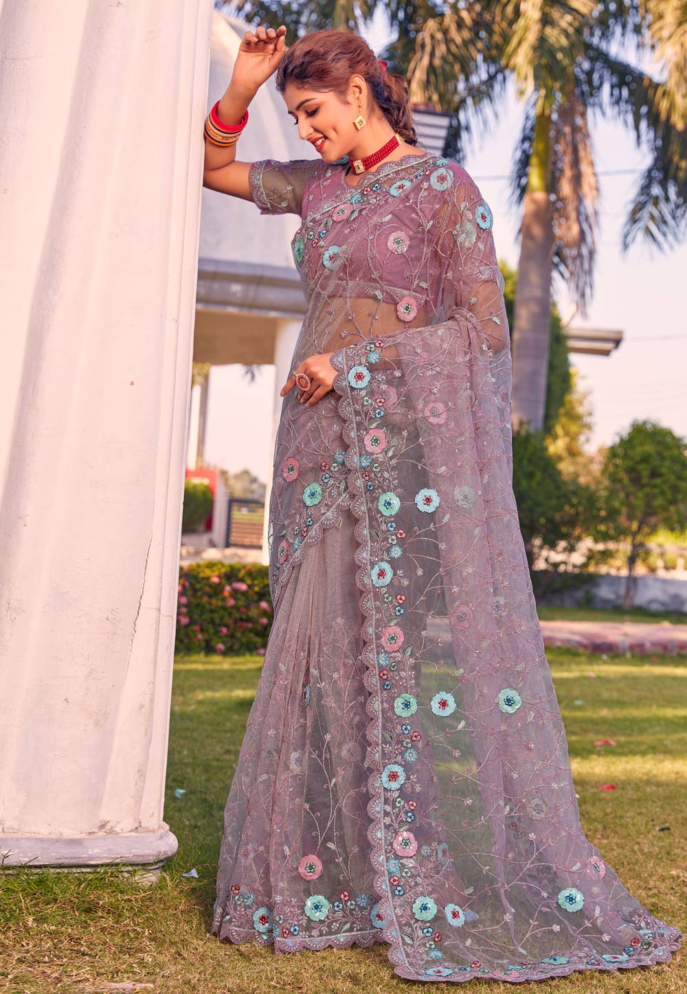 Light Pink Net Saree With Blouse 258697