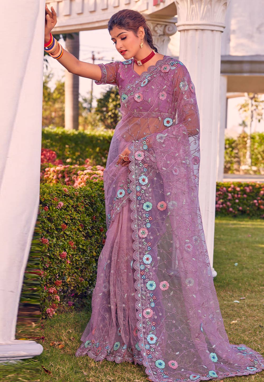 Light Purple Net Saree With Blouse 258699
