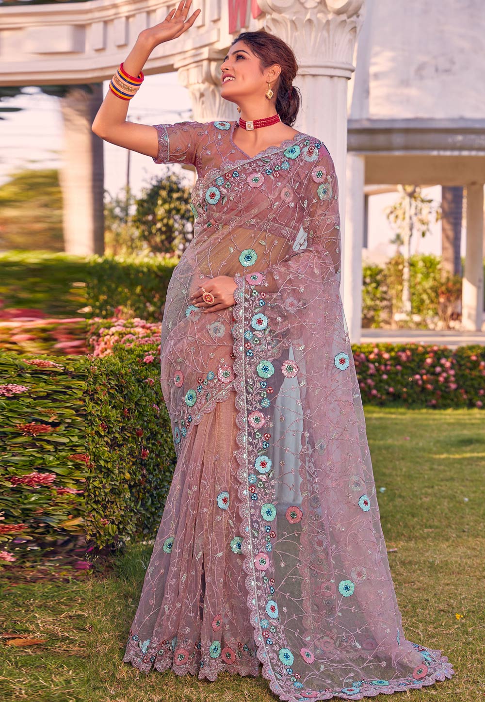 Pink Net Saree With Blouse 258701