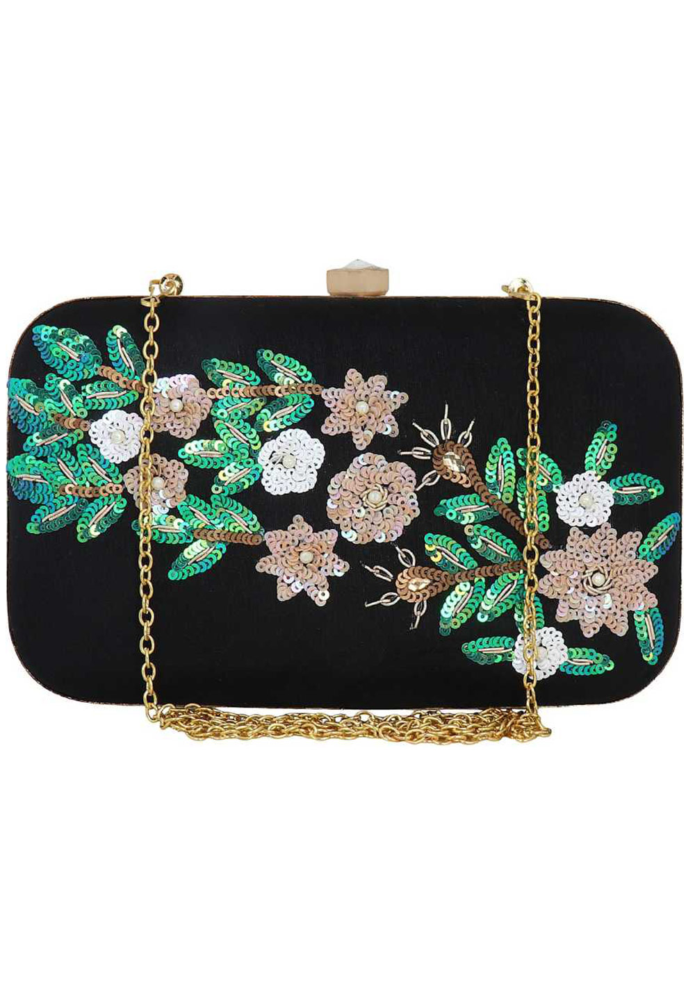 Black Synthetic Embroidered Clutch 176796