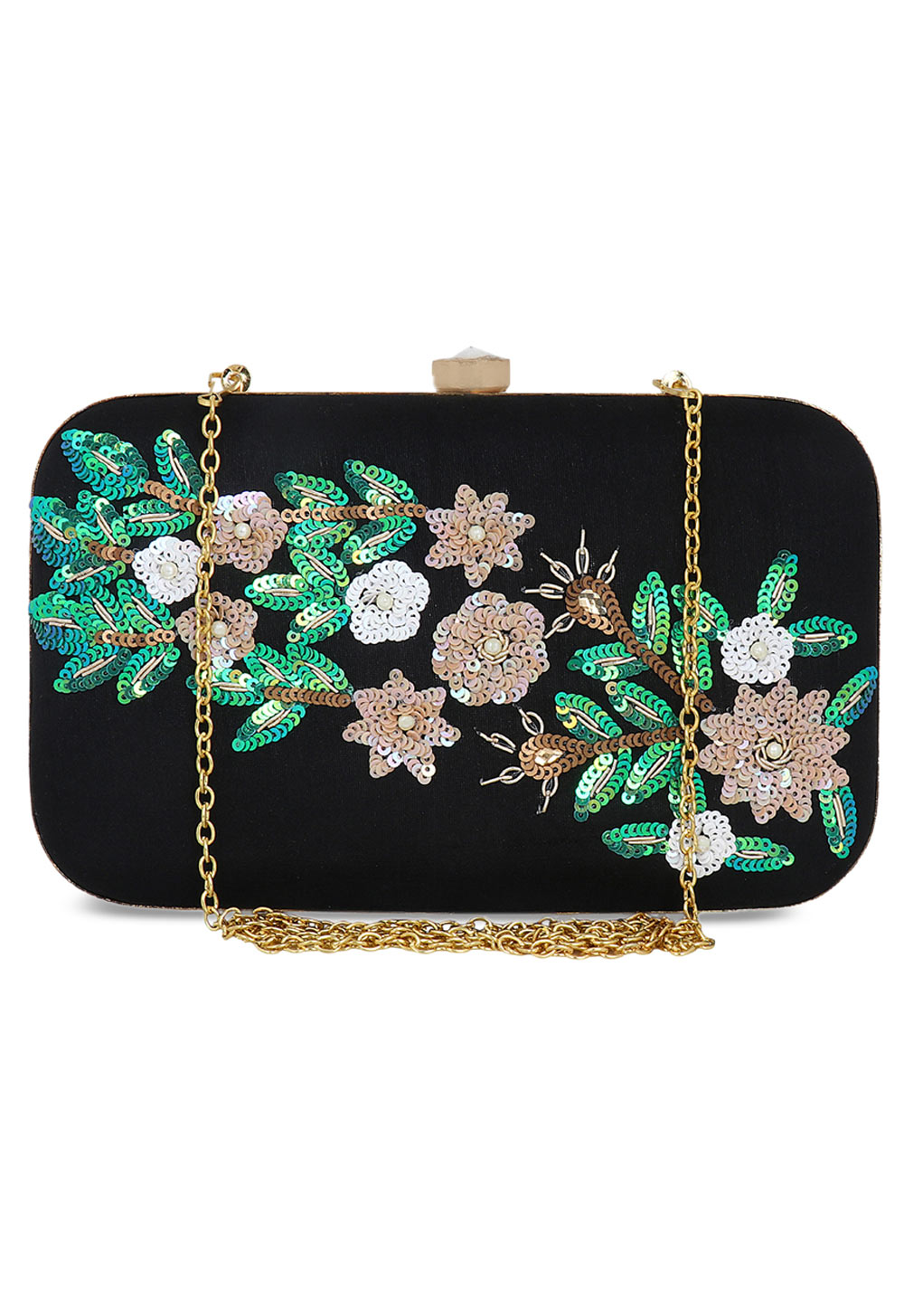 Black Synthetic Embroidered Clutch 176798