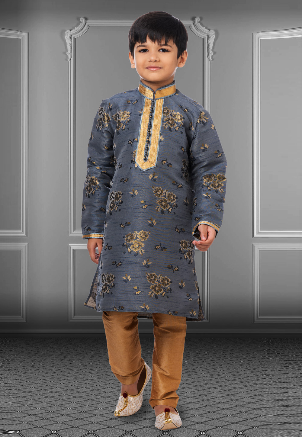 Grey Jacquard Silk Readymade Kids Kurta Pajama 250825