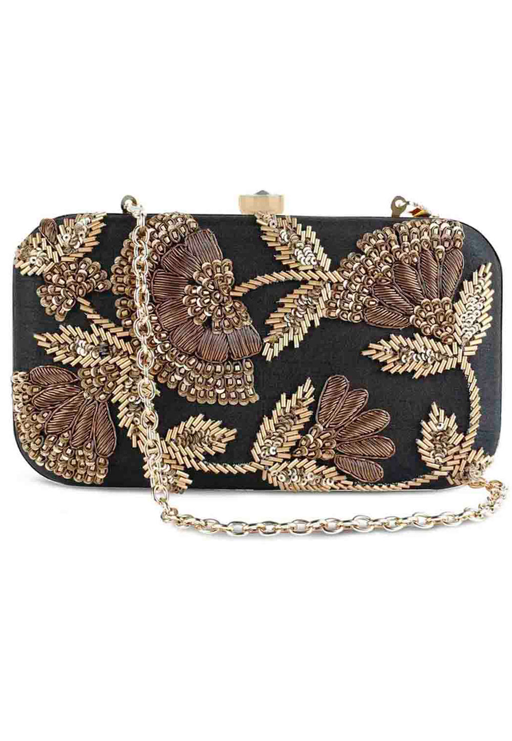 Black Synthetic Embroidered Clutch 176810
