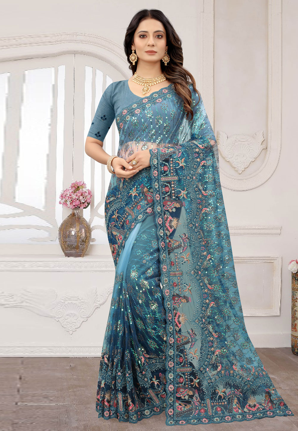 Sky Blue Net Sequence Saree 259060