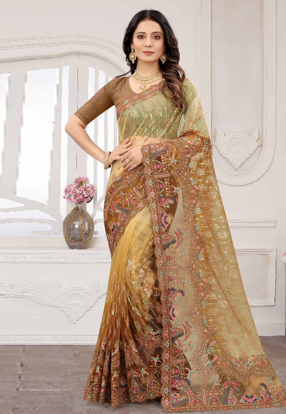 Mustard Net Sequence Saree 259064