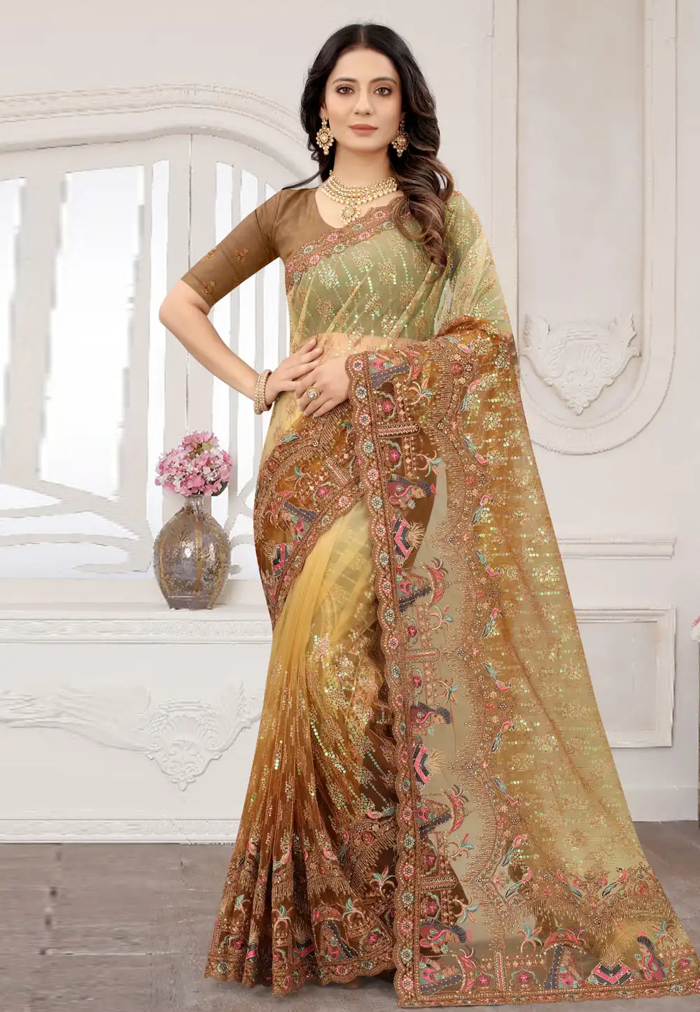 Mustard Net Sequence Saree 259064
