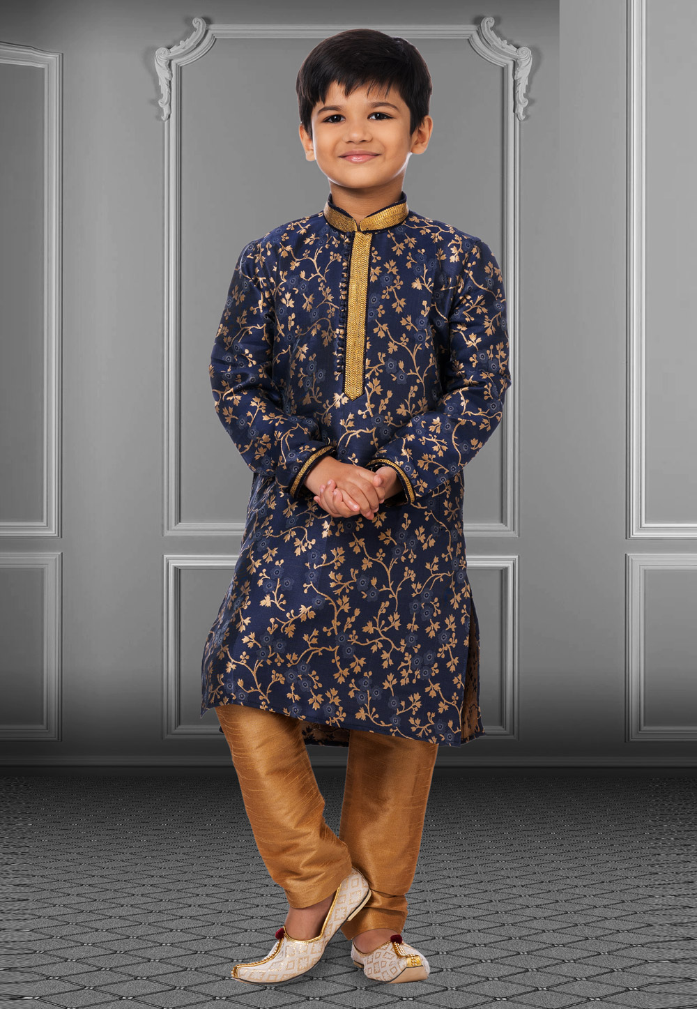 Navy Blue Jacquard Silk Readymade Kids Kurta Pajama 250826