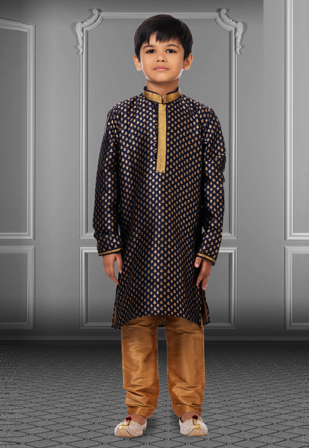 Navy Blue Jacquard Silk Readymade Kids Kurta Pajama 250827