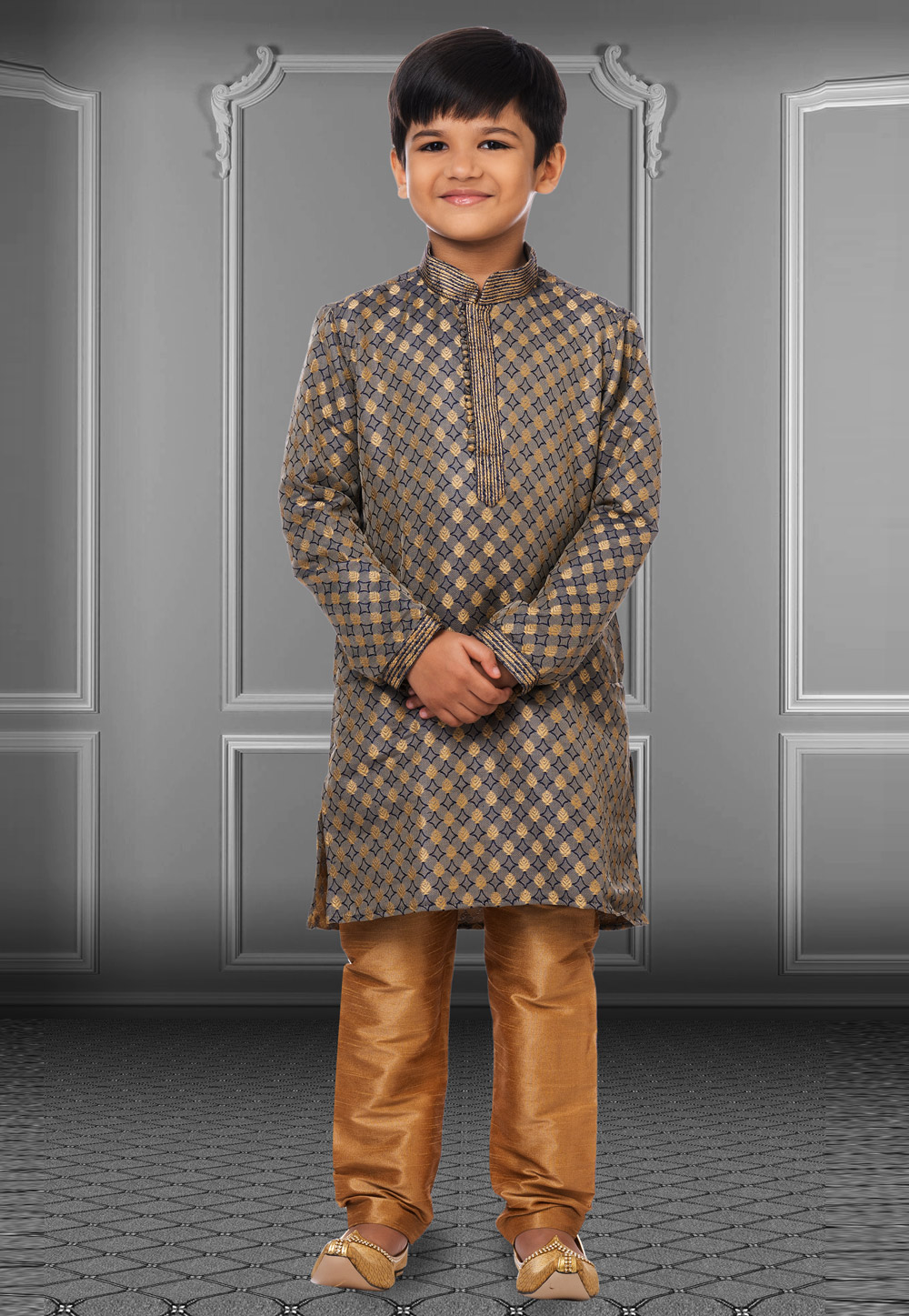 Grey Jacquard Silk Readymade Kids Kurta Pajama 250828