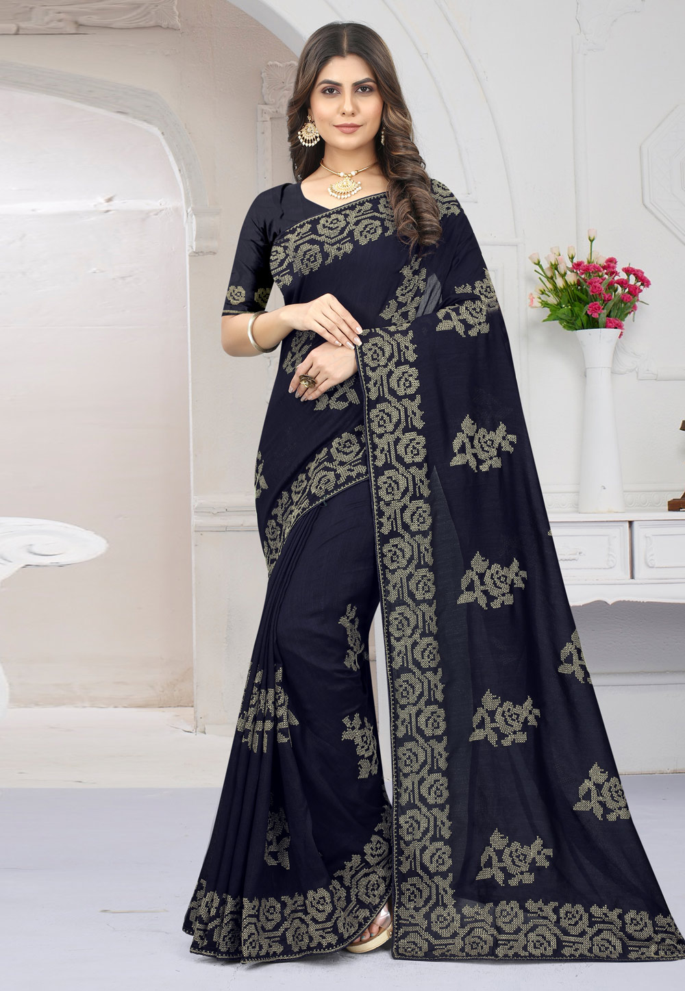 Navy Blue Silk Saree With Blouse 262124