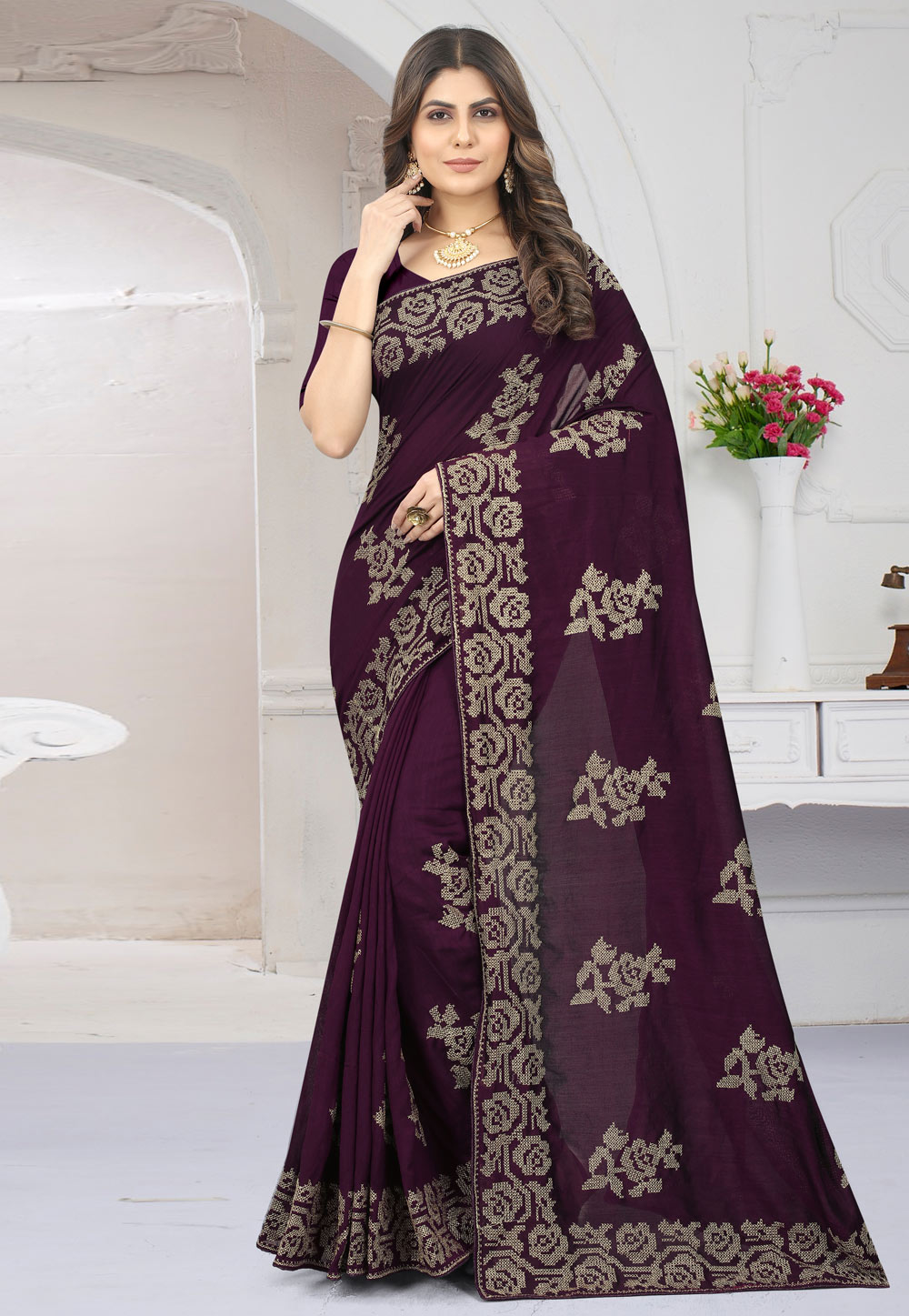 Wine Silk Saree With Blouse 262128