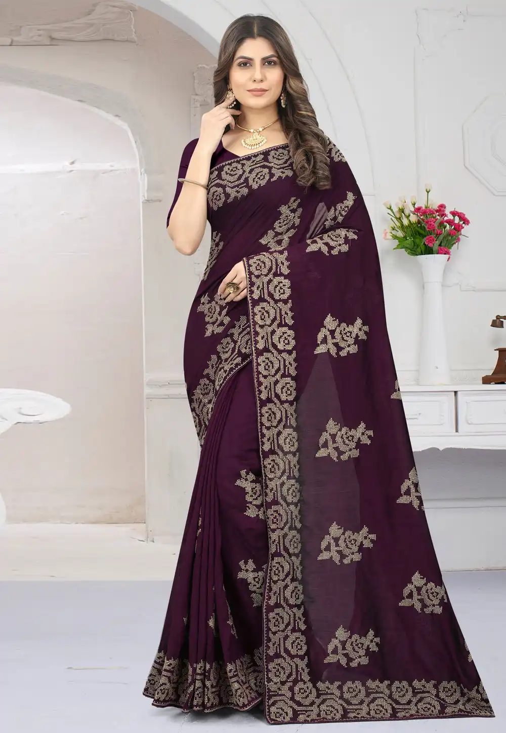 Wine Silk Saree With Blouse 262128