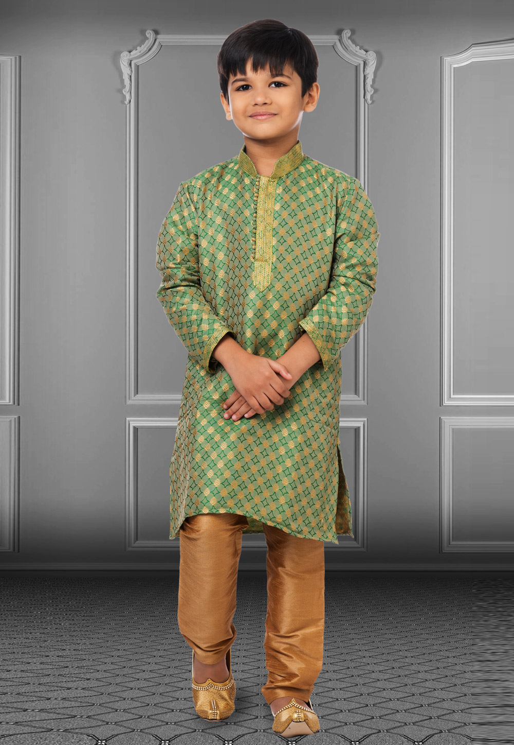 Green Jacquard Silk Readymade Kids Kurta Pajama 250829