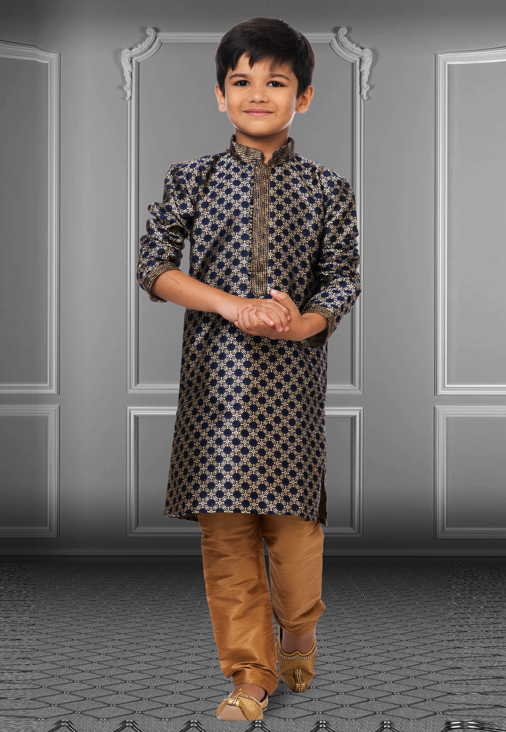 Navy Blue Jacquard Silk Readymade Kids Kurta Pajama 250830