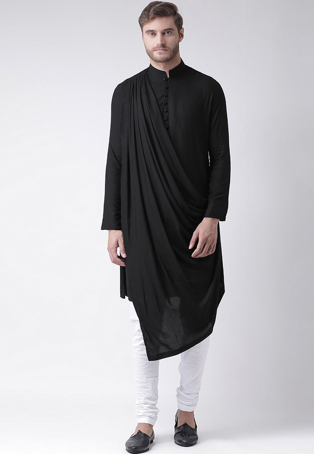 Black Cotton Readymade Draped Kurta Pajama 200224