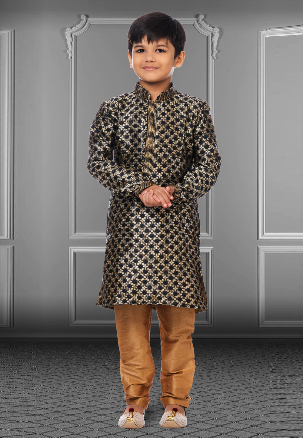 Black Jacquard Silk Readymade Kids Kurta Pajama 250831