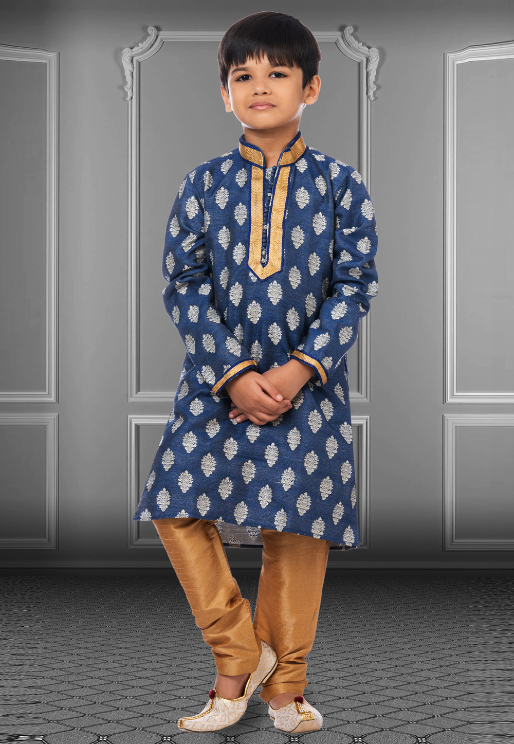 Blue Jacquard Silk Readymade Kids Kurta Pajama 250832