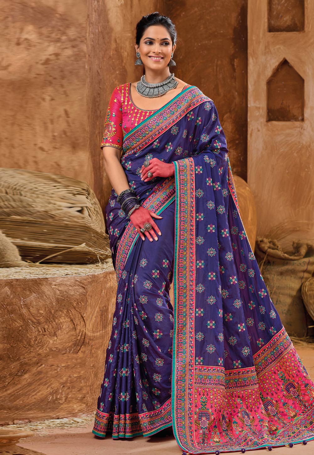 Navy Blue Banarasi Silk Saree With Blouse 272771