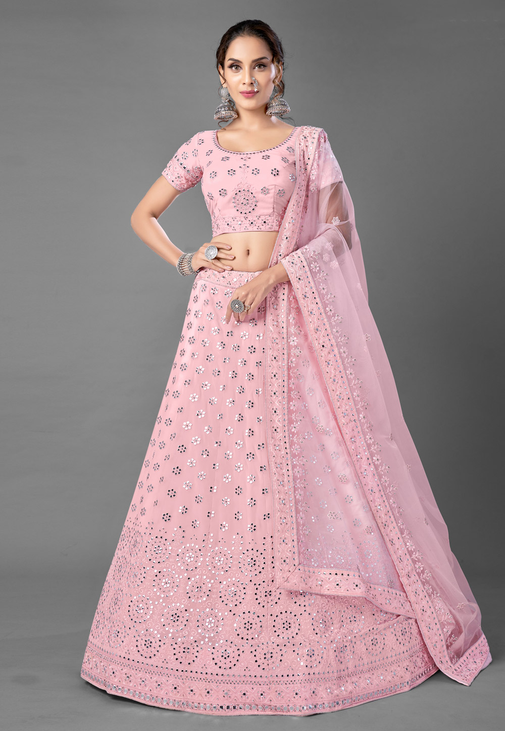 Pink Georgette Mirror Work Lehenga Choli 232632