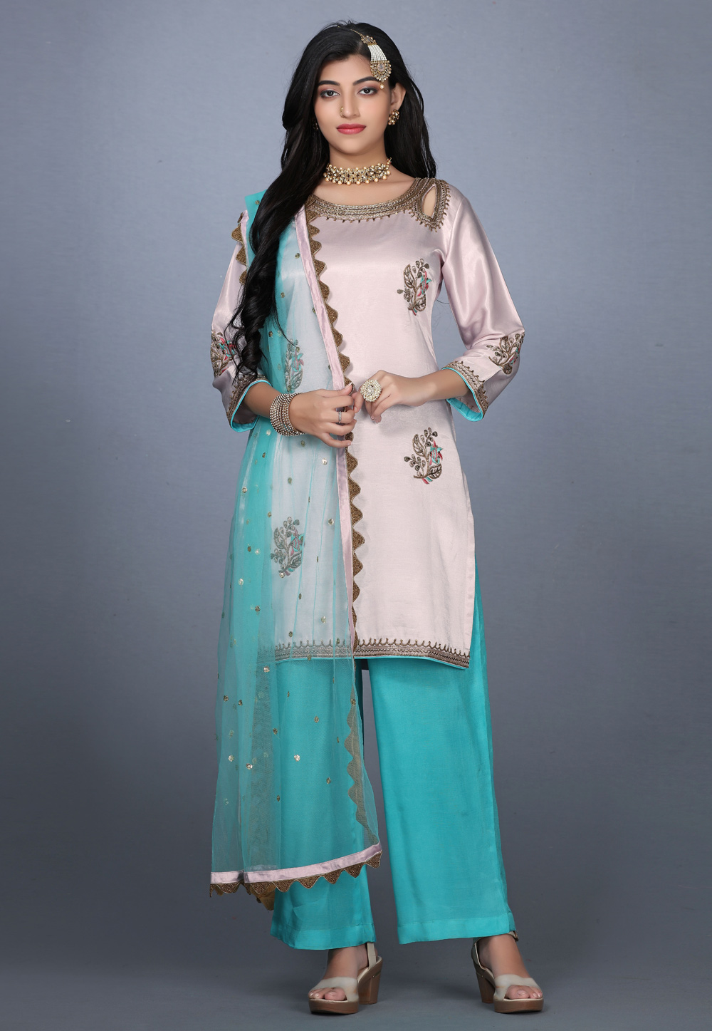 Pink Art Silk Handwork Kameez With Palazzo 240150