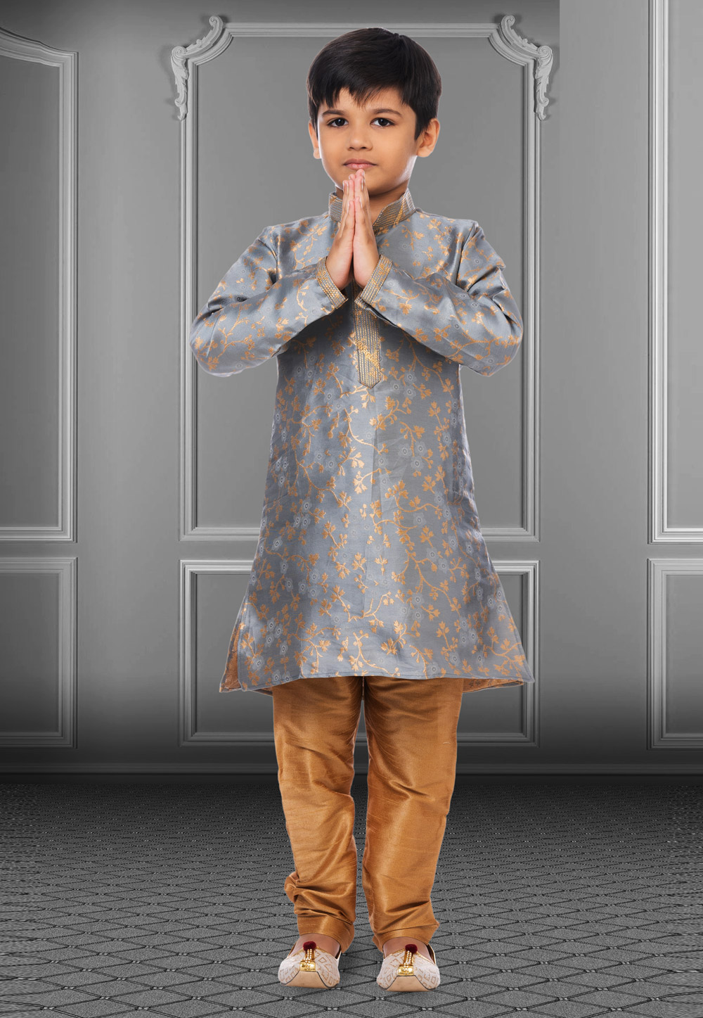 Grey Jacquard Silk Readymade Kids Kurta Pajama 250833