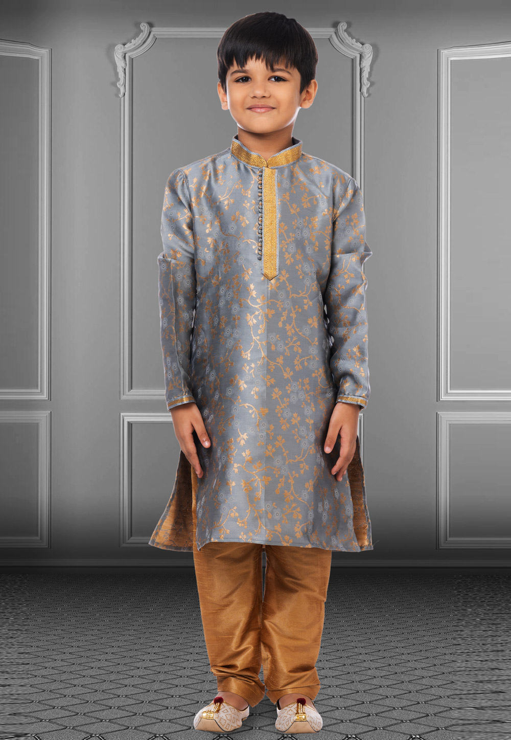 Grey Jacquard Silk Readymade Kids Kurta Pajama 250834