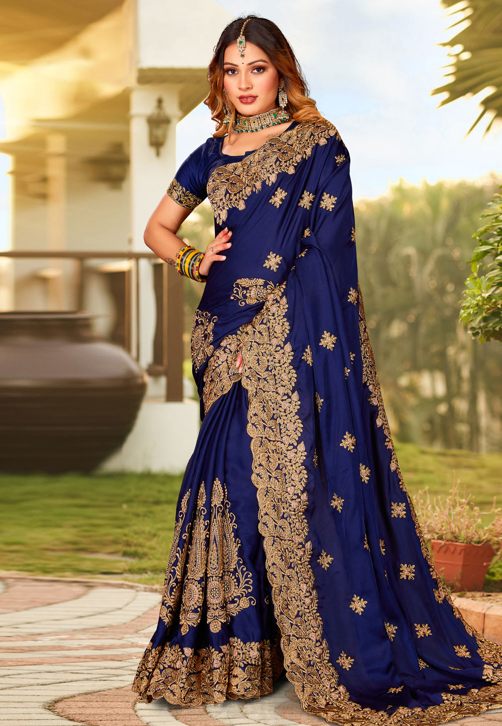 Navy Blue Satin Saree With Blouse 264251
