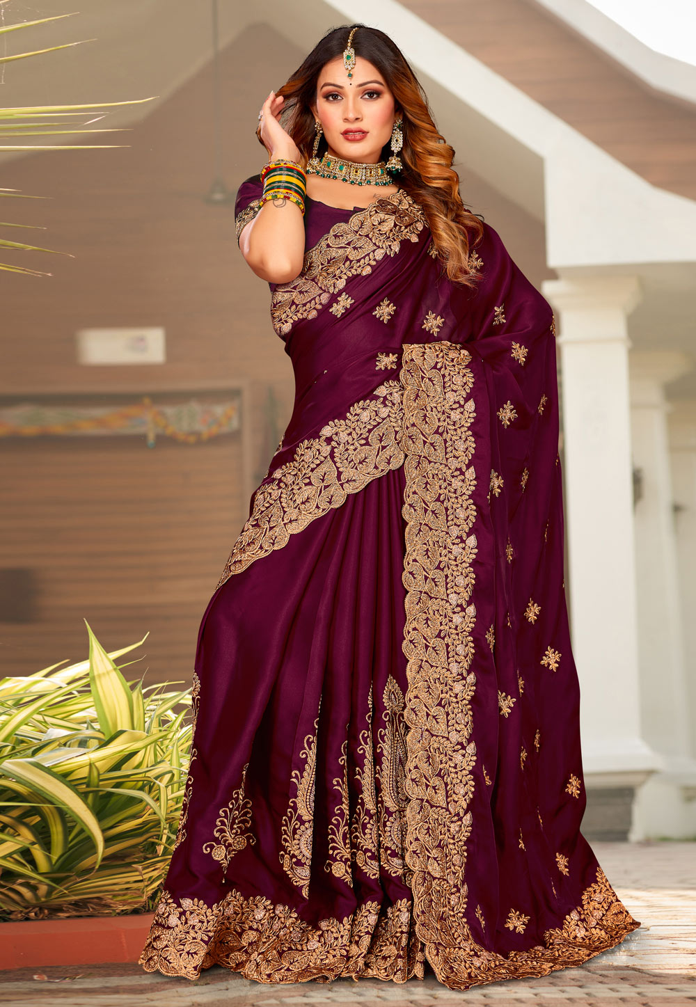 Wine Satin Saree With Blouse 264252