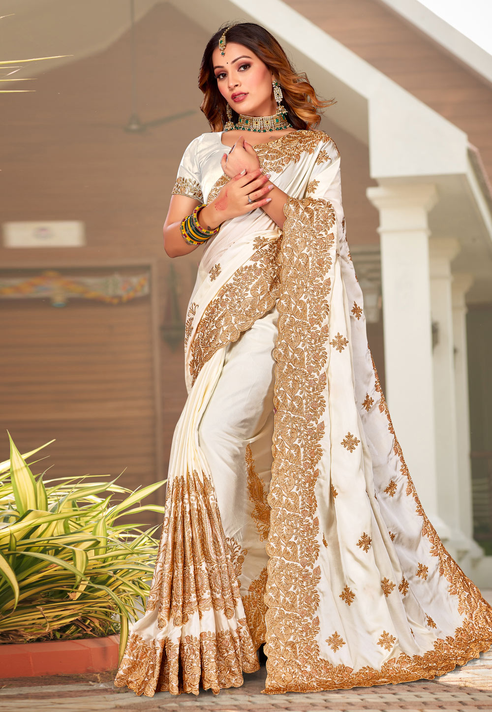 White Satin Saree With Blouse 264253