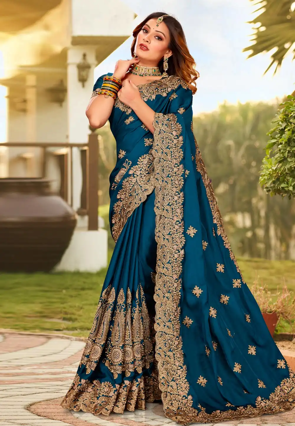 Teal Satin Saree With Blouse 264255