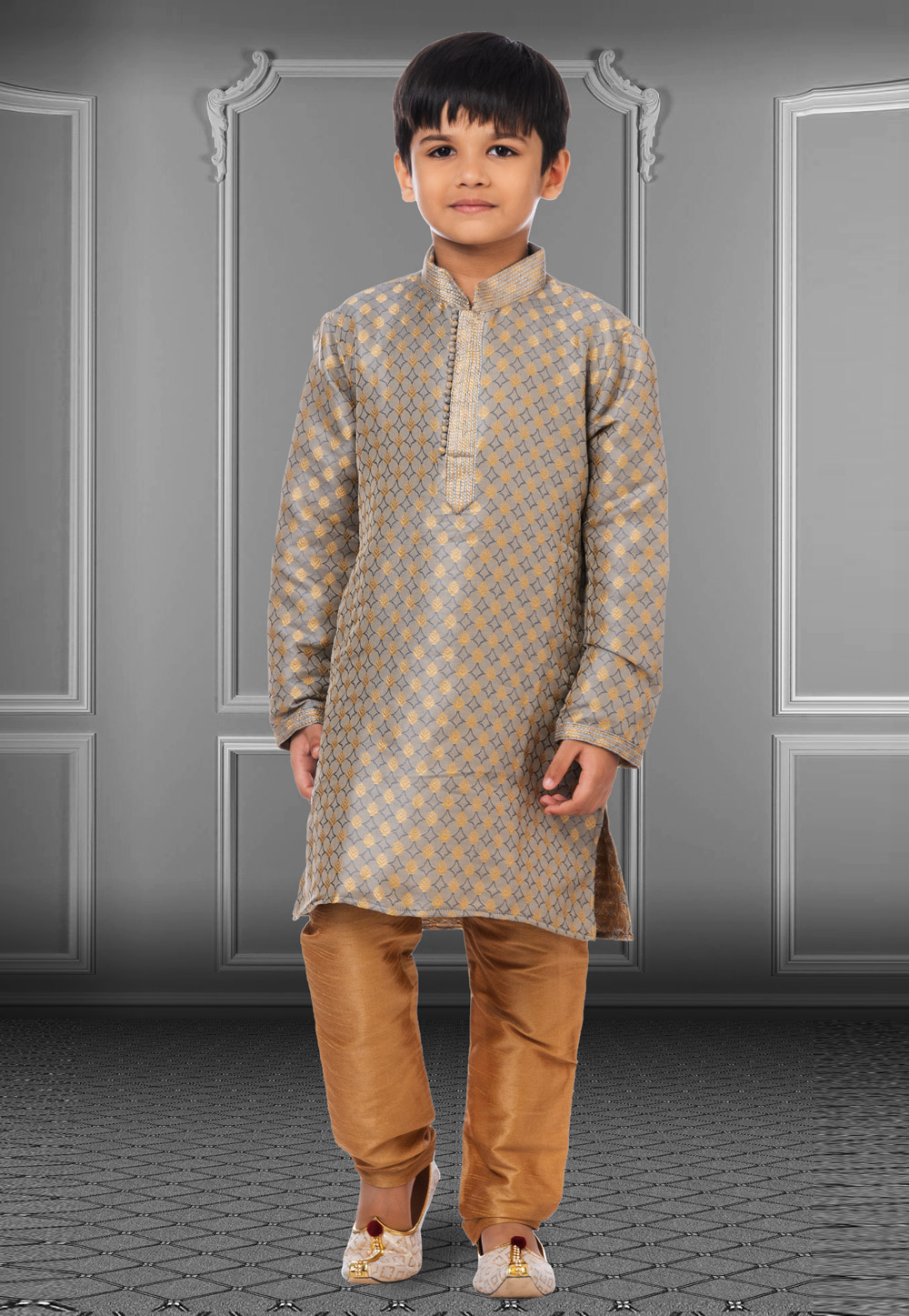 Grey Jacquard Silk Readymade Kids Kurta Pajama 250835