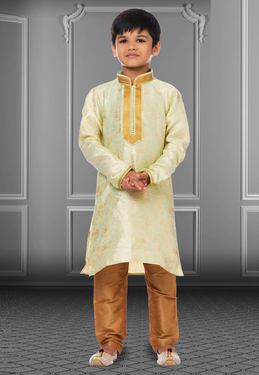 Light Green Linen Readymade Kids Kurta Pajama 250836