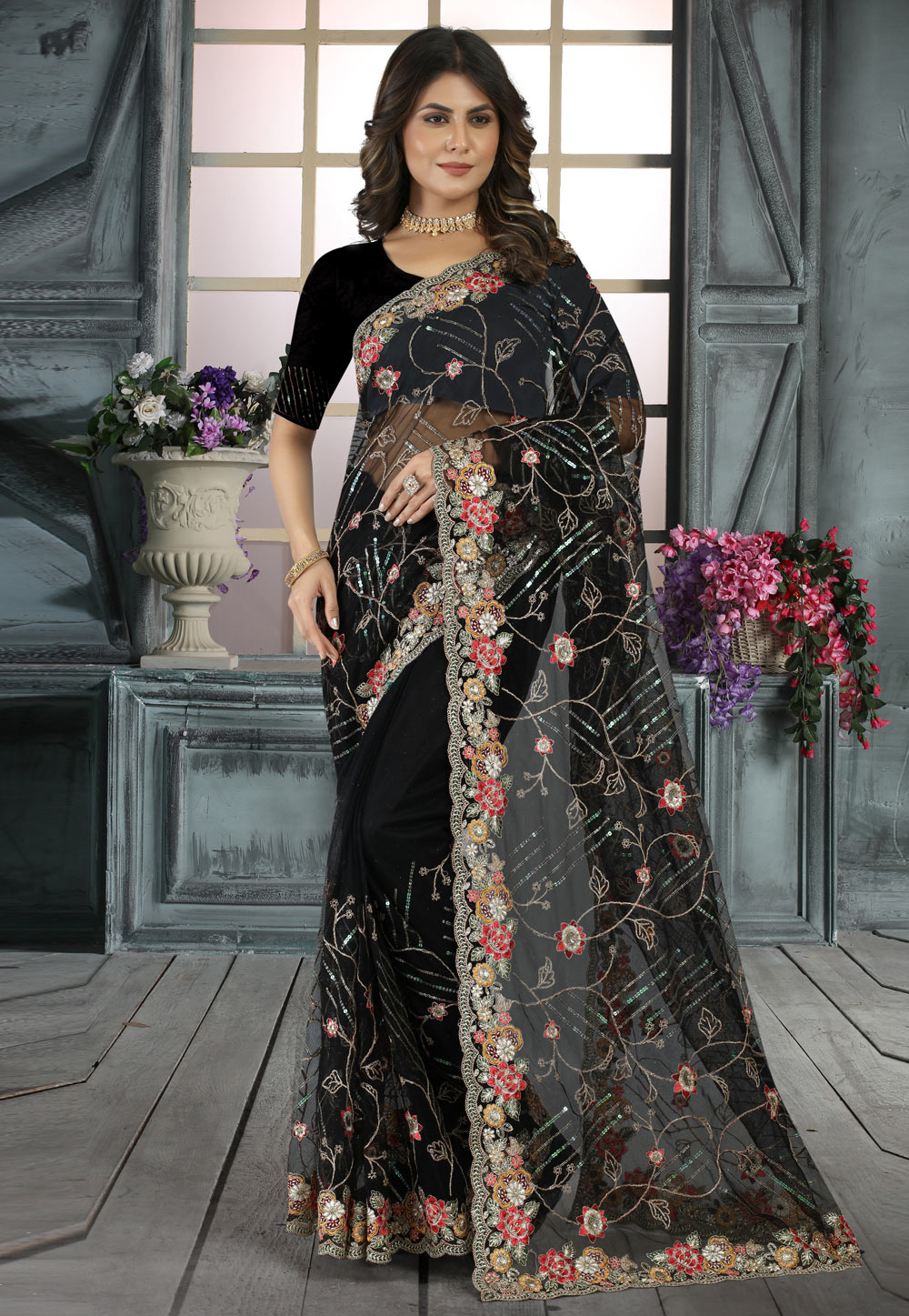 Black Net Saree With Blouse 264908