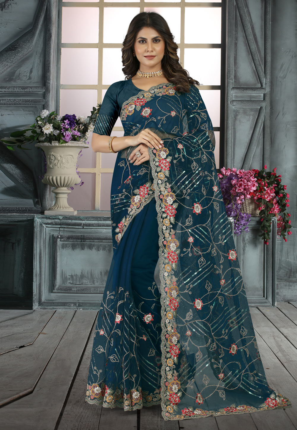 Teal Net Saree With Blouse 264912