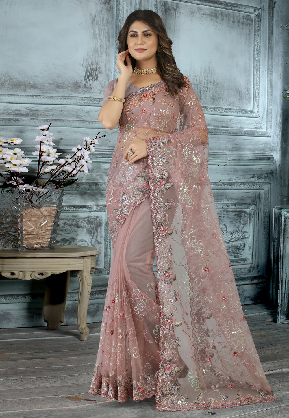 Pink Net Saree With Blouse 264913