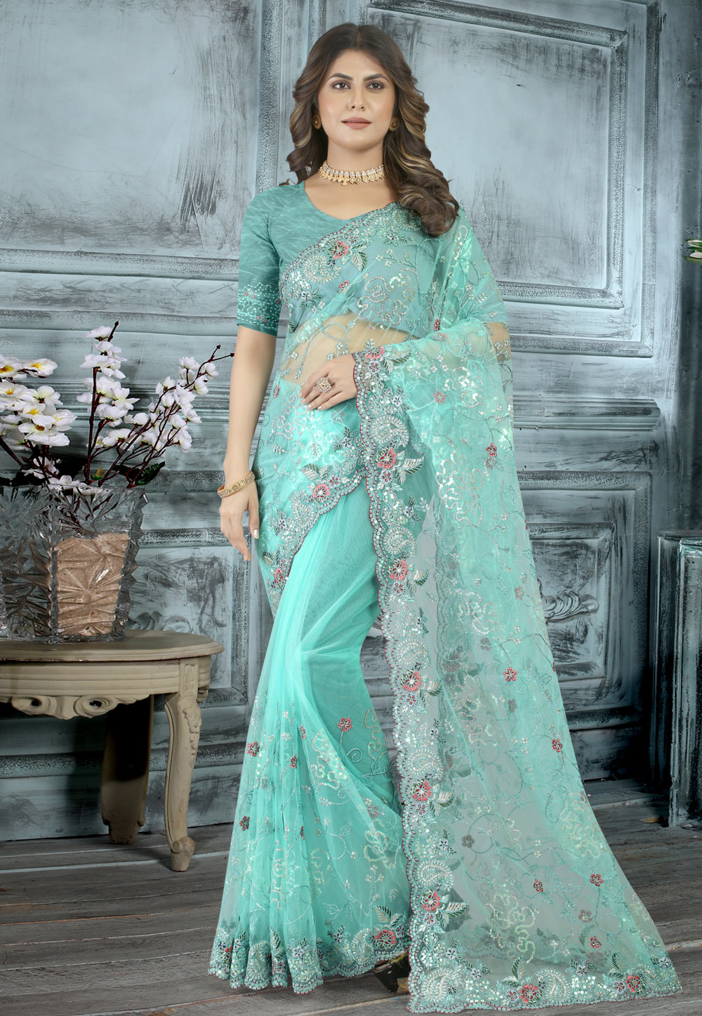 Sky Blue Net Saree With Blouse 264914