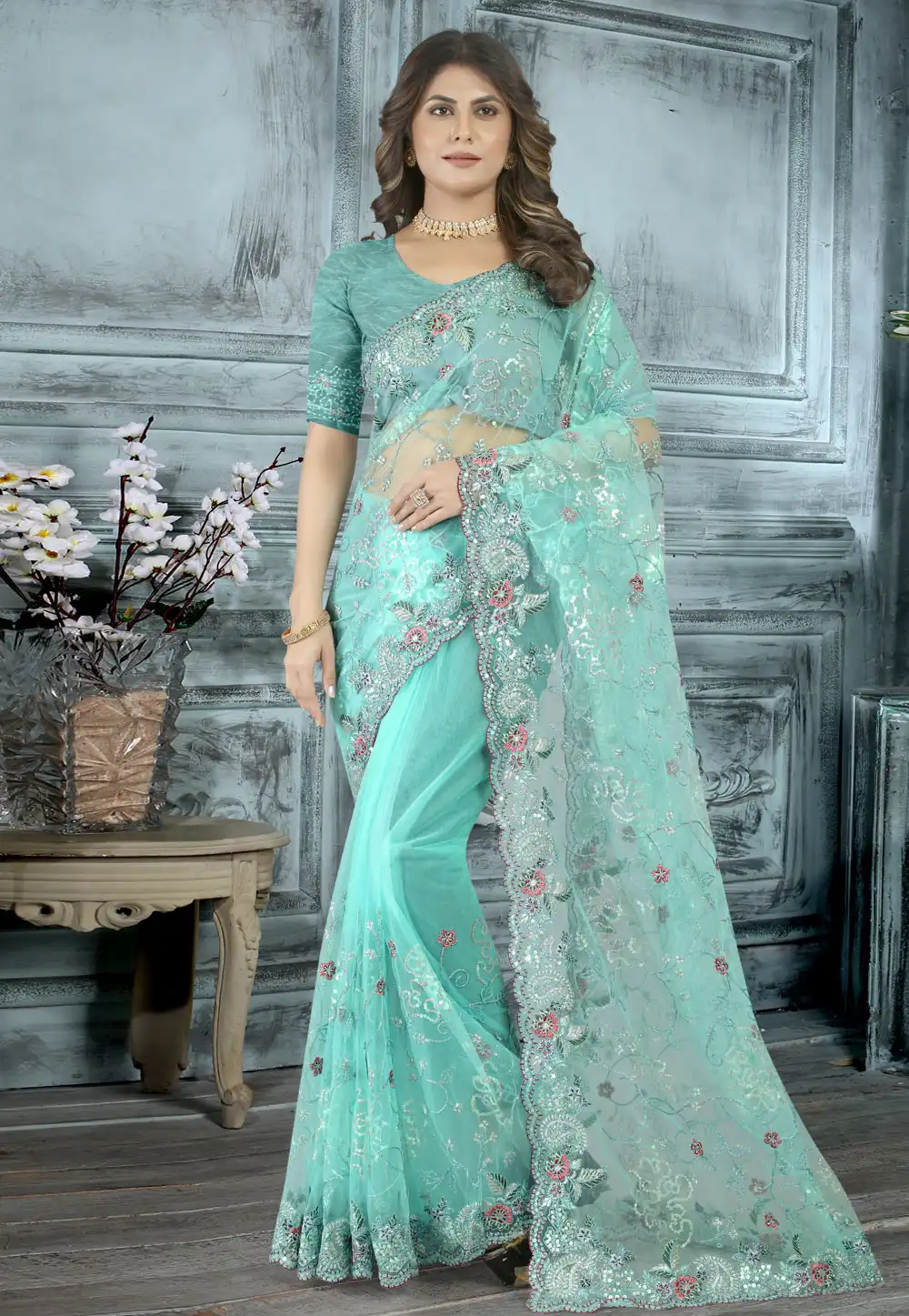 Sky Blue Net Saree With Blouse 264914
