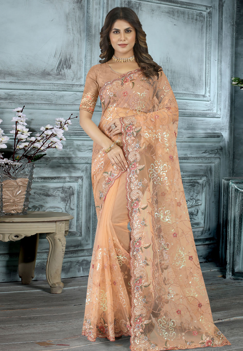 Peach Net Saree With Blouse 264916