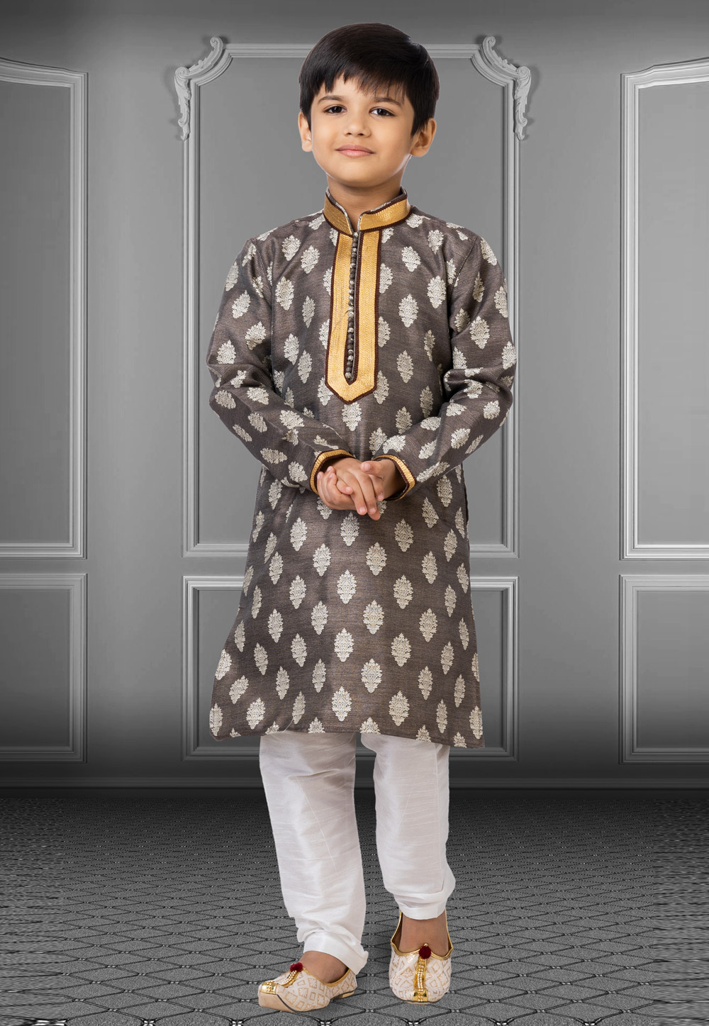 Brown Jacquard Silk Readymade Kids Kurta Pajama 250841